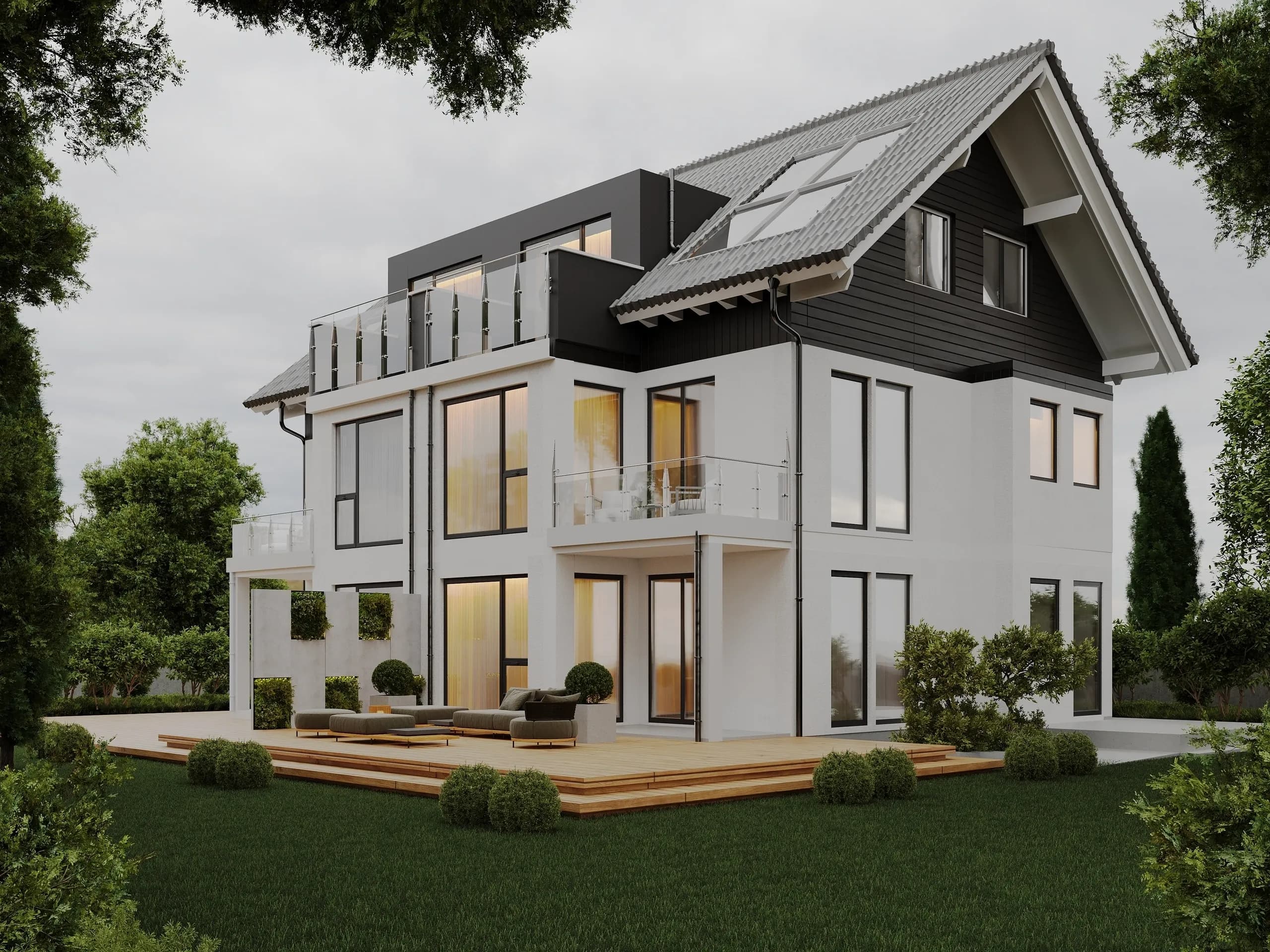Aerial 3D rendering of a residential development with landscaping